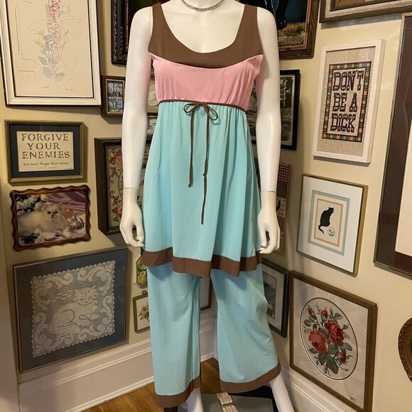 80s Vintage Pastel Blue Pink Brown Nylon Sleeveless 2-pc Pajama Set Size M - Picture 1 of 4